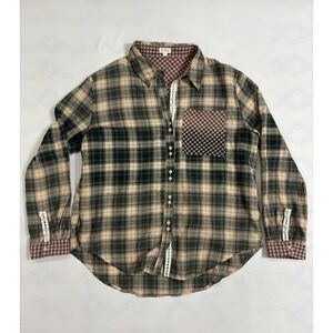 POL Plaid Flannel Shirt Women's Large Green Brown Patchwork Button Front